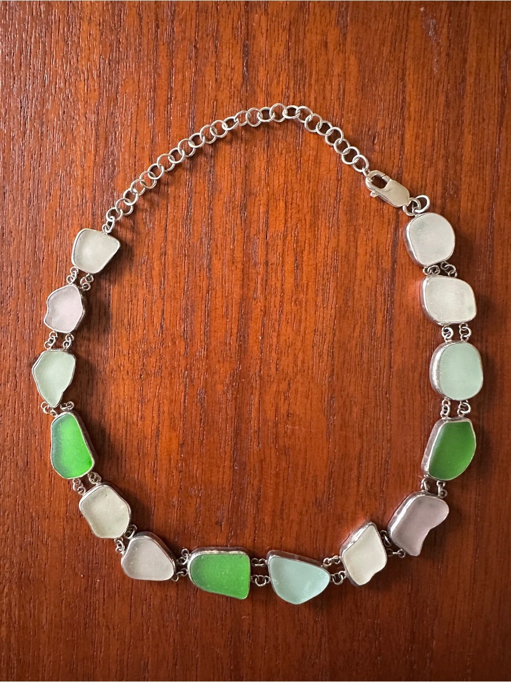 Multi-Green Sea Glass and Sterling Silver Necklace 18 Inches